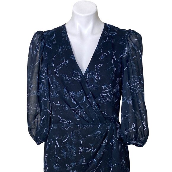 Halogen Navy Floral Wrap Dress, Sheer Puff Sleeves & Tulip Hem Women's Size M - Picture 3 of 10